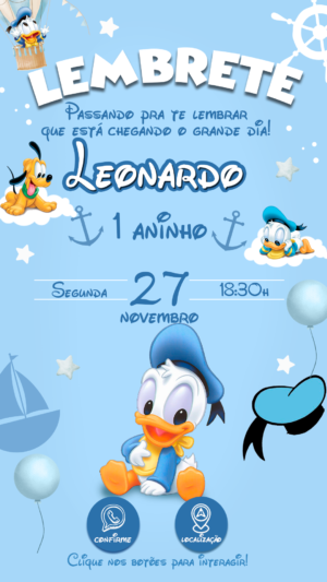 Kit Convite Animado + Lembrete Interativo Pato Donald Baby