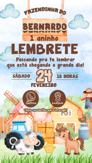 Kit Convite Animado + Lembrete Interativo Fazendinha Aquarela