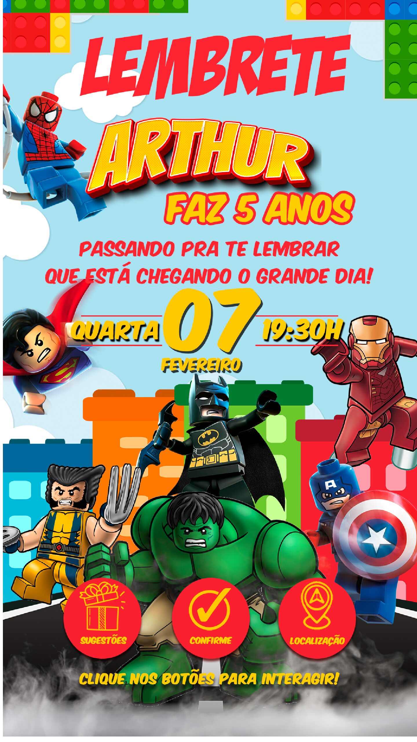 Convite Animado + Lembrete Interativo Super Heróis Lego