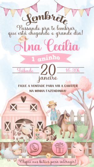 Convite Animado + Lembrete Interativo Festa Na Fazendinha Rosa!