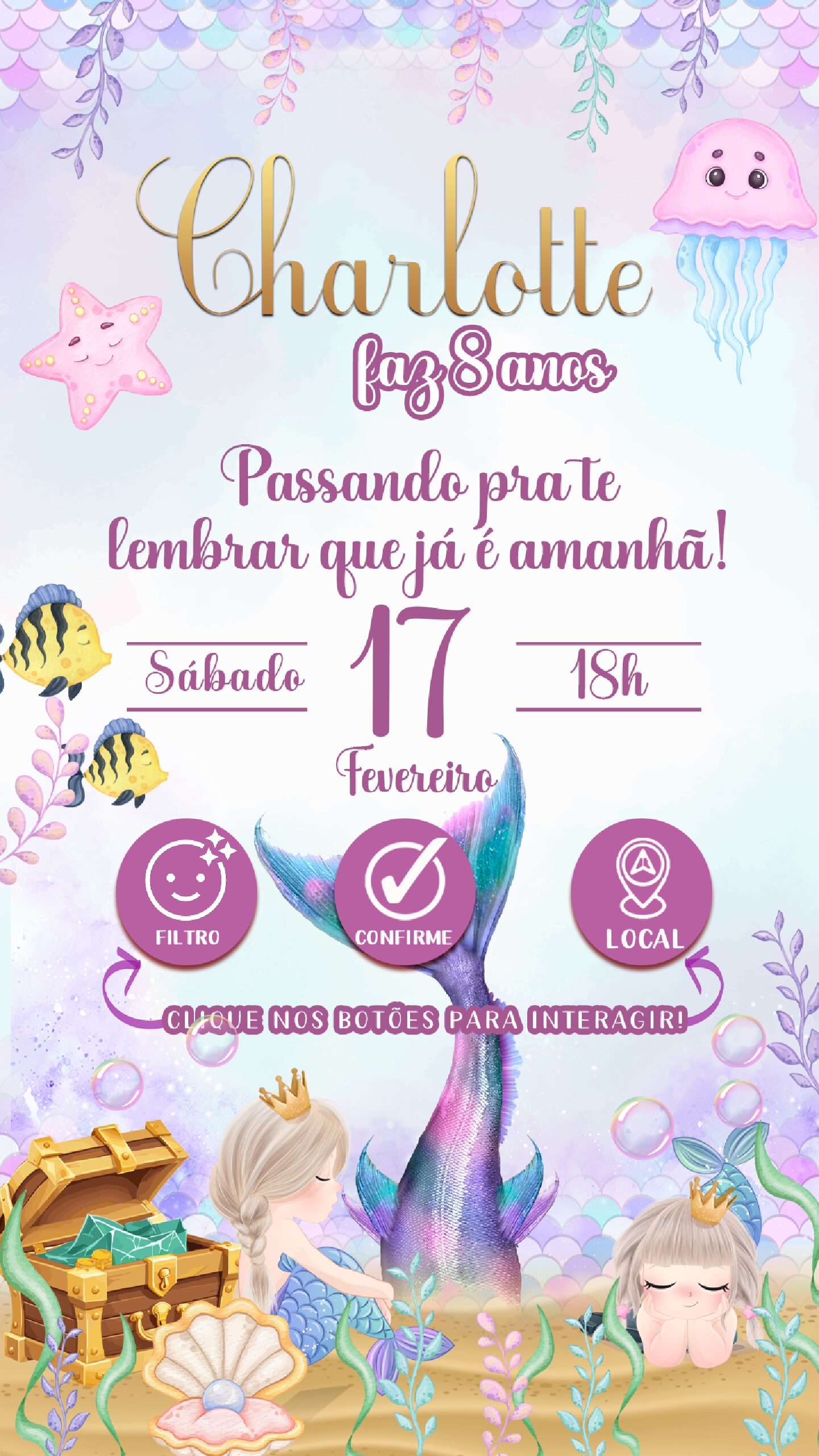 Convite Animado + Lembrete Interativo Sereias Fundo do Mar