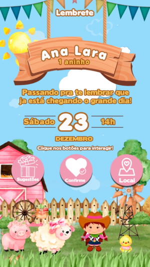 Convite Animado + Lembrete Interativo Fazendinha - Menina