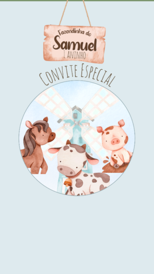 Convite Animado Fazendinha Azul Aquarela