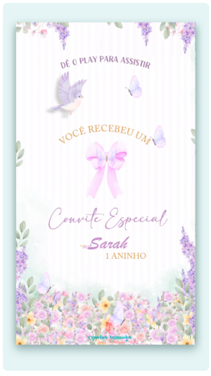 Convite Animado (Versão Lilás) Jardim das Borboletas e Pássaro Azul