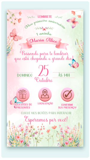 Kit Convite Animado + Lembrete Interativo Borboletas no Jardim